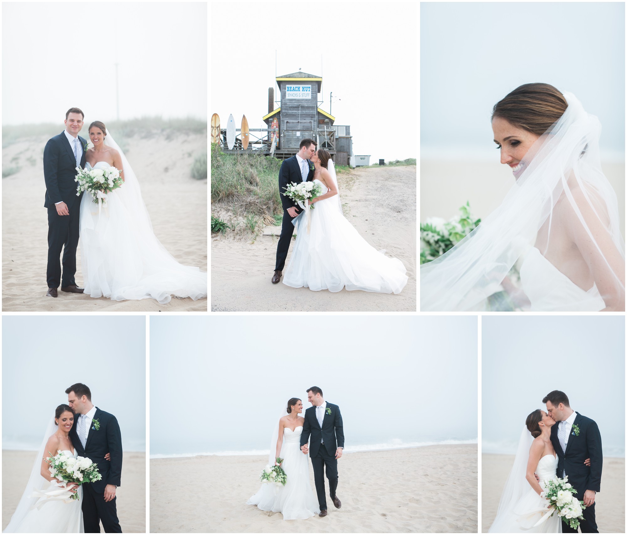 A bride and groom pose on the beach in Amagansett Long Island